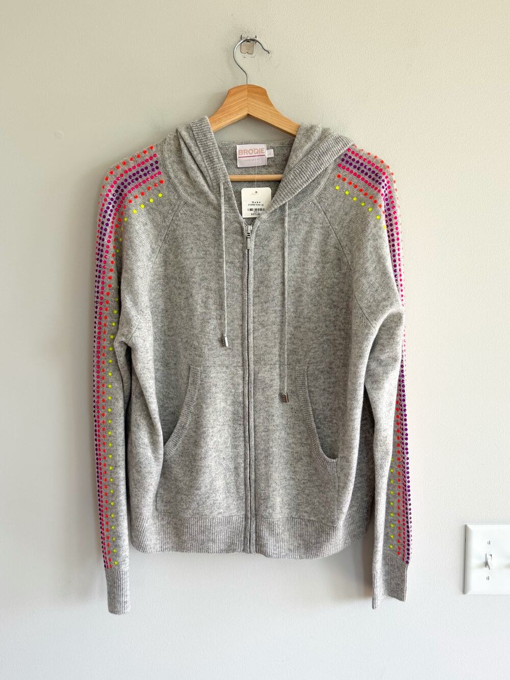 Brodie Cashmere Beaded Embellished Full Zip Jacket Gray L NWT